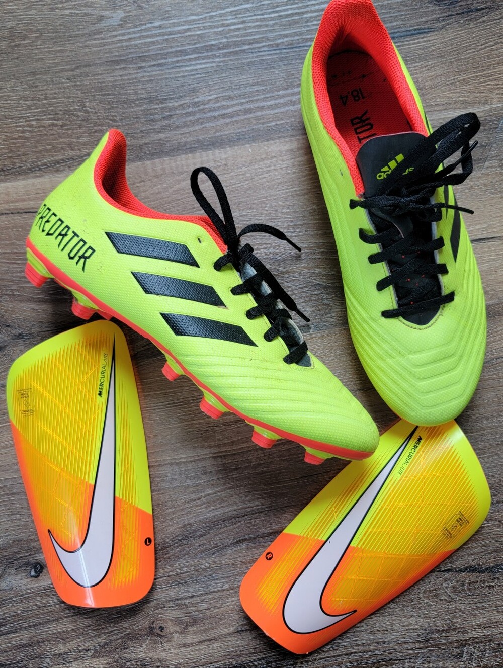 adidas Neon Yellow, Orange and Black Predator Soccer Cleats  w/ Nike Shin Guards